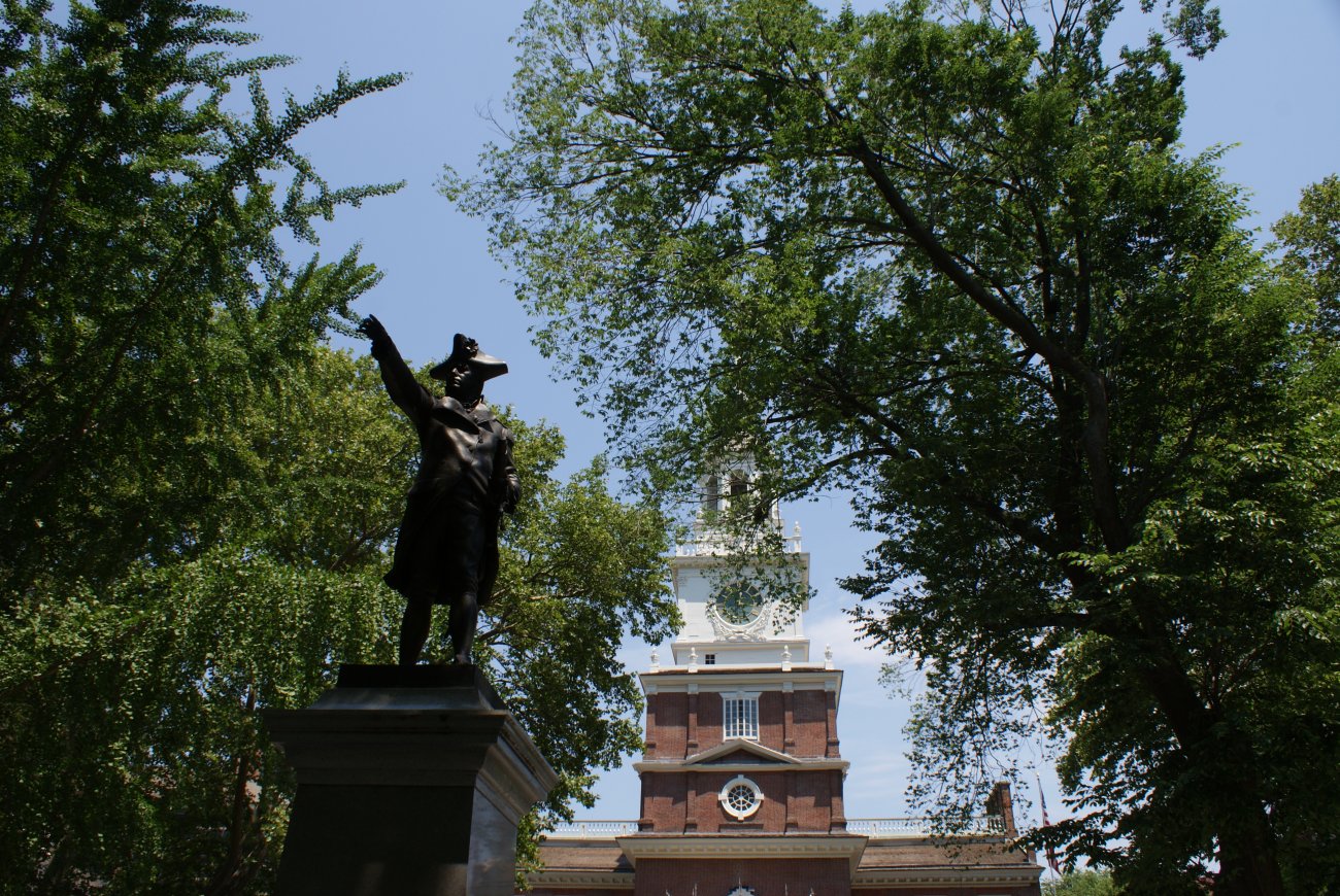 Independence Hall with statue of Commodore John Barry, Father of the U.S. Navy